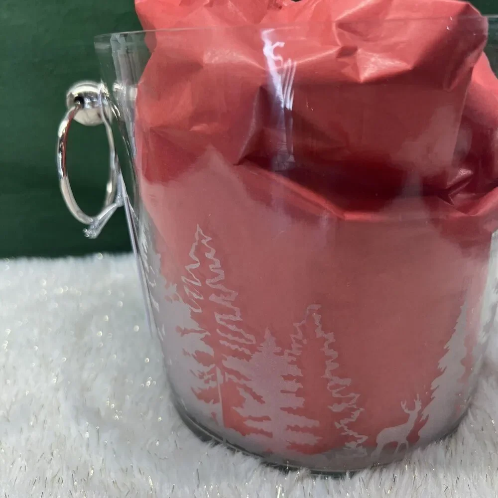 Ice Bucket Glass Etched Evergreen Trees‎ Christmas Trees Silver Handles 6” NEW
